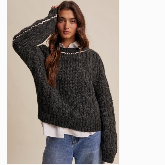 Listicle “ Theresa “ Listicle Braided Knit Sweater with Decorative Stitch 44 - Picture 1 of 11